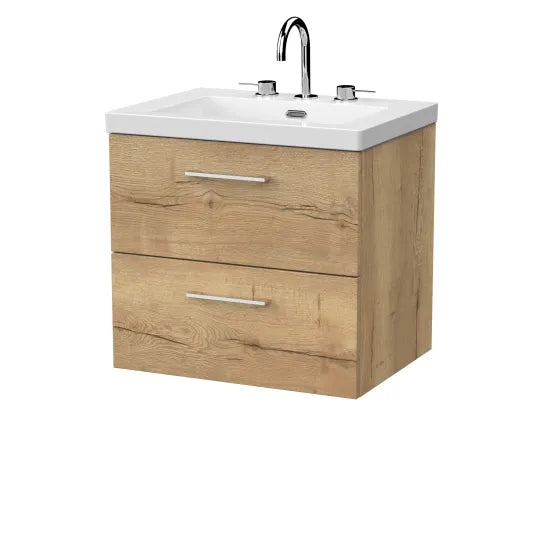nuie lux Kivo 600mm Autumn Oak 2 Drawer Wall Hung Vanity Unit With 3 Tap Holes Fireclay Square Basin