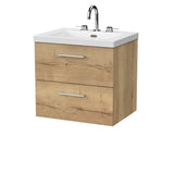 nuie lux Kivo 600mm Autumn Oak 2 Drawer Wall Hung Vanity Unit With 3 Tap Holes Fireclay Square Basin
