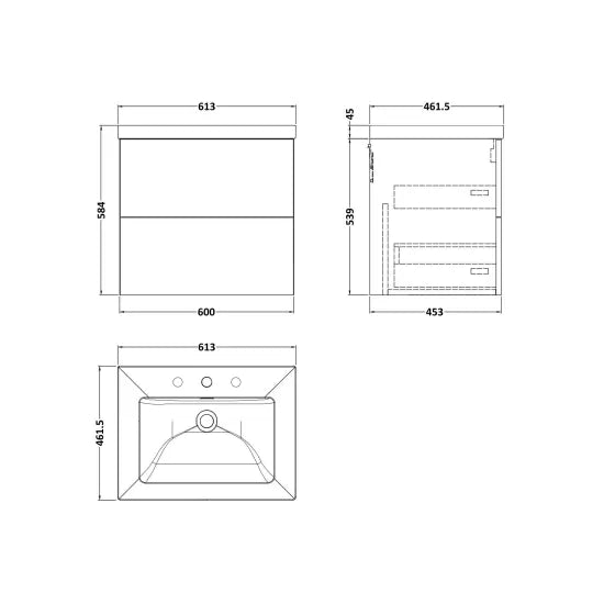 nuie lux Kivo 600mm Autumn Oak 2 Drawer Wall Hung Vanity Unit With 3 Tap Holes Fireclay Square Basin