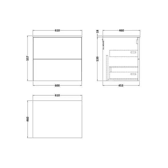 nuie lux Kivo 600mm Autumn Oak 2 Drawer Wall Hung Vanity Unit With Marble Worktop