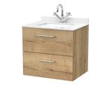 nuie lux Kivo Autumn Oak 2 Drawer Wall Hung Vanity Unit With 1 Tap Hole Marble Worktop
