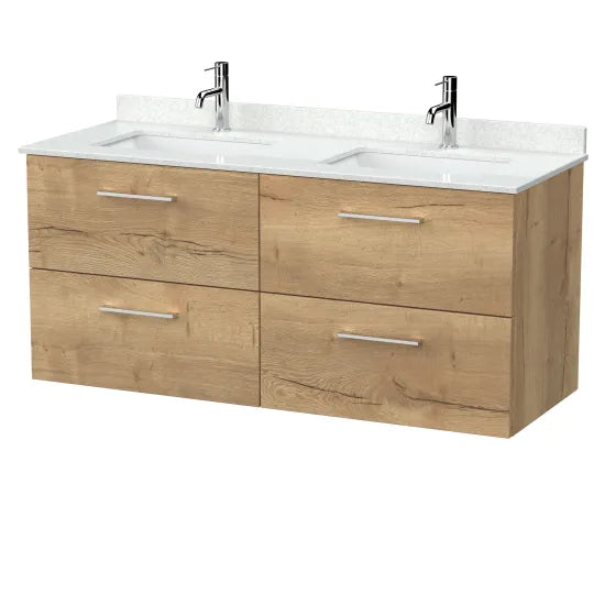 nuie lux Kivo 1200mm Autumn Oak 4 Drawer Wall Hung Vanity With Twin Marble Basin
