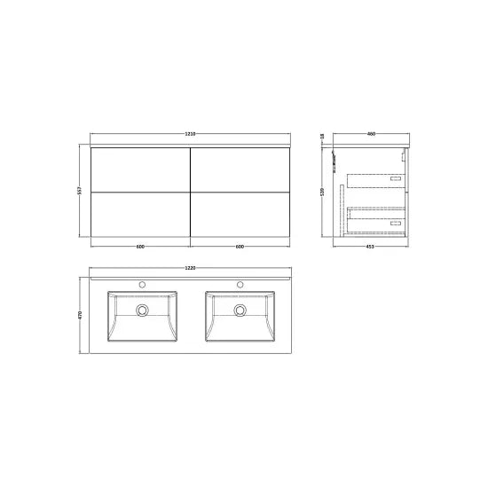 nuie lux Kivo 1200mm Autumn Oak 4 Drawer Wall Hung Vanity With Twin Marble Basin
