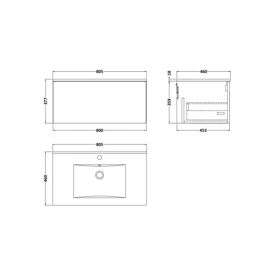 nuie lux Kivo 800mm Autumn Oak 1 Drawer Wall Hung Vanity Unit With 1 Tap Hole Basin With Worktop