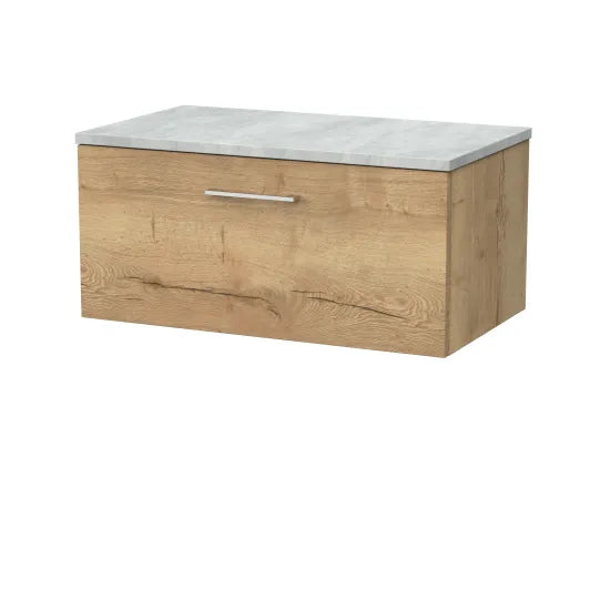 nuie lux Kivo 800mm Autumn Oak 1 Drawer Wall Hung Vanity Unit With Bellato Grey Worktop