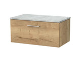 nuie lux Kivo 800mm Autumn Oak 1 Drawer Wall Hung Vanity Unit With Bellato Grey Worktop