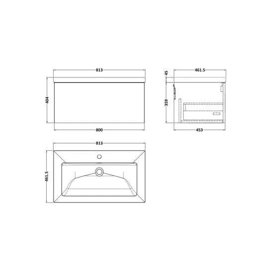 nuie lux Kivo 800mm Autumn Oak 1 Drawer Wall Hung Vanity Unit With 1 Tap Hole Fireclay Basin