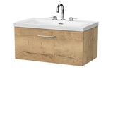 nuie lux Kivo 800mm Autumn Oak 1 Drawer Wall Hung Vanity Unit With 3 Tap Holes Fireclay Basin