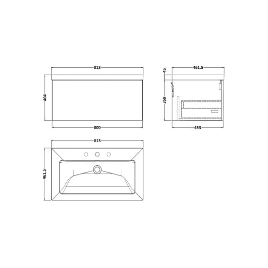 nuie lux Kivo 800mm Autumn Oak 1 Drawer Wall Hung Vanity Unit With 3 Tap Holes Fireclay Basin