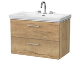nuie lux Kivo 800mm Autumn Oak 2 Drawer Wall Hung Vanity Unit With 3 Tap Holes Fireclay Basin