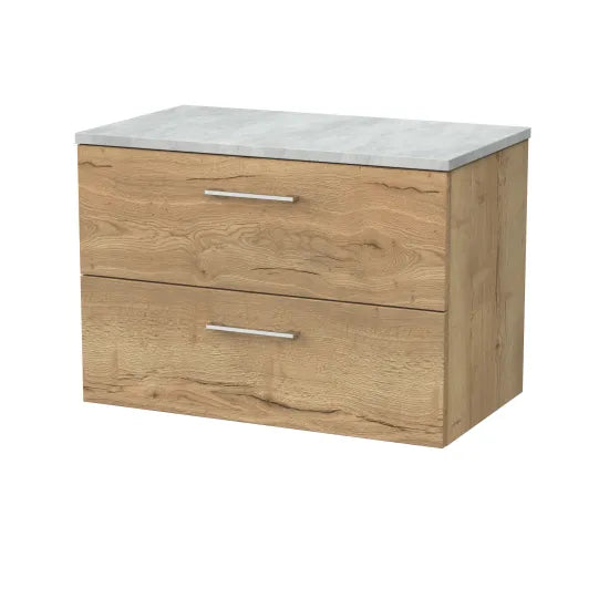 nuie lux Kivo 800mm Autumn Oak 2 Drawer Wall Hung Vanity Unit With Bellato Grey Worktop