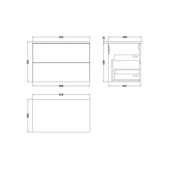 nuie lux Kivo 800mm Autumn Oak 2 Drawer Wall Hung Vanity Unit With Bellato Grey Worktop