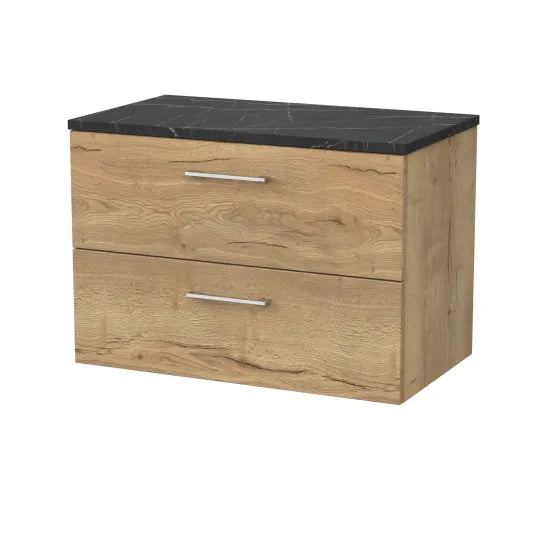 nuie lux Kivo Autumn Oak 2 Drawer Wall Hung Vanity Unit With Black Pietra Marble Laminate Worktop