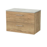 nuie lux Kivo 800mm Autumn Oak 2 Drawer Wall Hung Vanity Unit With Cracked Marble Plaster Laminate Worktop