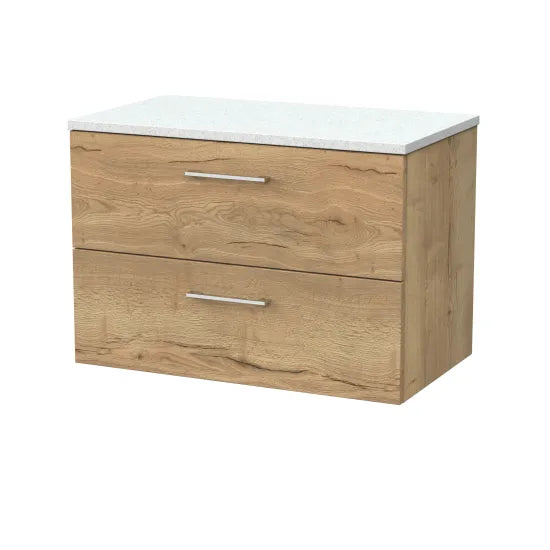 nuie lux Kivo 800mm Autumn Oak 2 Drawer Wall Hung Vanity Unit With White Matt Nebula Worktop