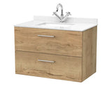 nuie lux Kivo Autumn Oak 2 Drawer Wall Hung Vanity Unit With 1 Tap Hole Marble Worktop