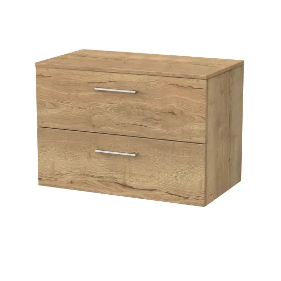 nuie lux Kivo Autumn Oak 2 Drawer Wall Hung Vanity Unit With Co-ordinating Worktop