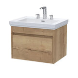 nuie lux Loftwood Autumn Oak 1 Drawer Wall Hung Vanity Unit With 3 Tap Holes Fireclay Basin