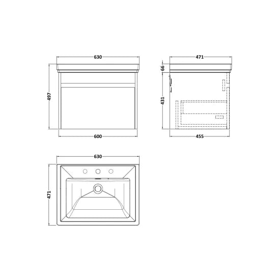 nuie lux Loftwood Autumn Oak 1 Drawer Wall Hung Vanity Unit With 3 Tap Holes Fireclay Basin