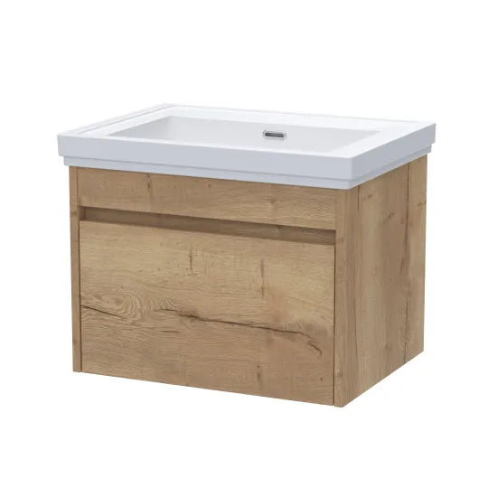 nuie lux Loftwood Autumn Oak 1 Drawer Wall Hung Vanity Unit With Fireclay Basin