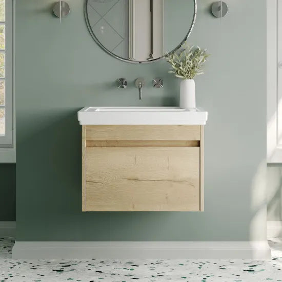 nuie lux Loftwood Autumn Oak 1 Drawer Wall Hung Vanity Unit With Fireclay Basin