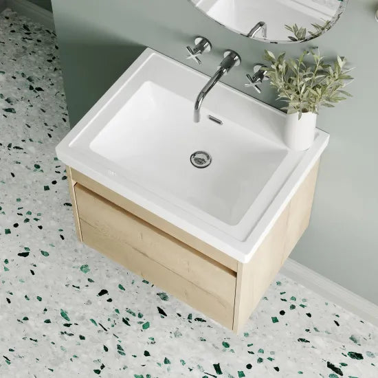 nuie lux Loftwood Autumn Oak 1 Drawer Wall Hung Vanity Unit With Fireclay Basin