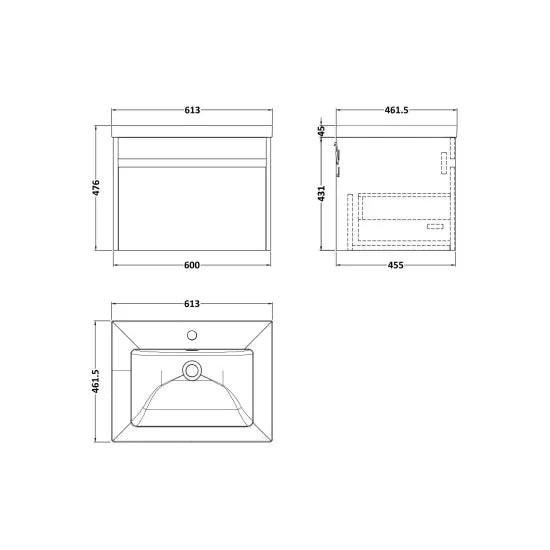 nuie lux Loftwood Autumn Oak 1 Drawer Wall Hung Vanity Unit With 1 Tap Hole Fireclay Basin