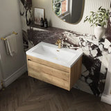 nuie lux Loftwood Autumn Oak 1 Drawer Wall Hung Vanity Unit With 1 Tap Hole Fireclay Basin