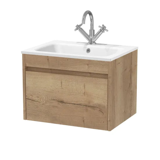Nuie Lux Loftwood Autumn Oak Wall Hung 1-Drawer Unit & Stone Basin 1TH