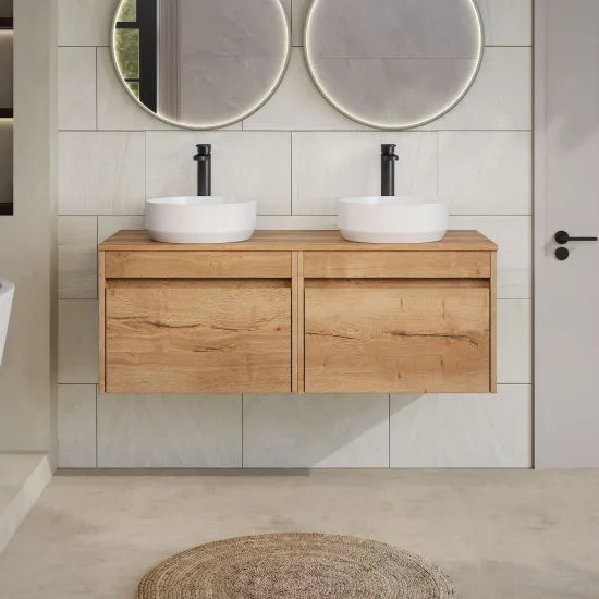nuie lux Loftwood 1200mm Autumn Oak 2 Drawer Wall Hung Vanity Unit With Co-ordinating Worktop