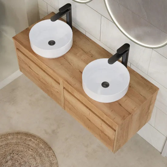 nuie lux Loftwood 1200mm Autumn Oak 2 Drawer Wall Hung Vanity Unit With Co-ordinating Worktop