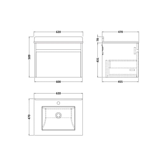 nuie lux Loftwood Autumn Oak 1 Drawer Wall Hung Vanity Unit With Basin With Marble Worktop