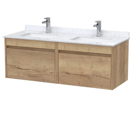 nuie lux Loftwood 1200mm Autumn Oak 2 Drawer Wall Hung Vanity With Twin Marble Basin