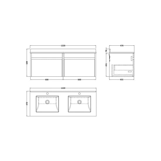 nuie lux Loftwood 1200mm Autumn Oak 2 Drawer Wall Hung Vanity With Twin Marble Basin
