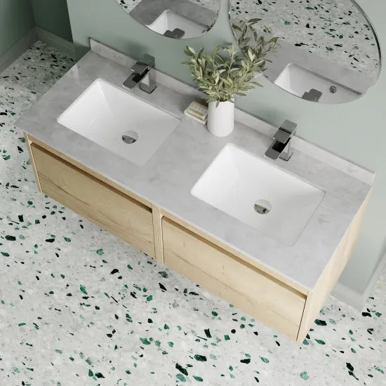 nuie lux Loftwood 1200mm Autumn Oak 2 Drawer Wall Hung Vanity With Twin Marble Basin