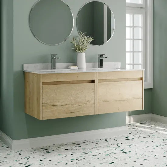 nuie lux Loftwood 1200mm Autumn Oak 2 Drawer Wall Hung Vanity With Twin Marble Basin