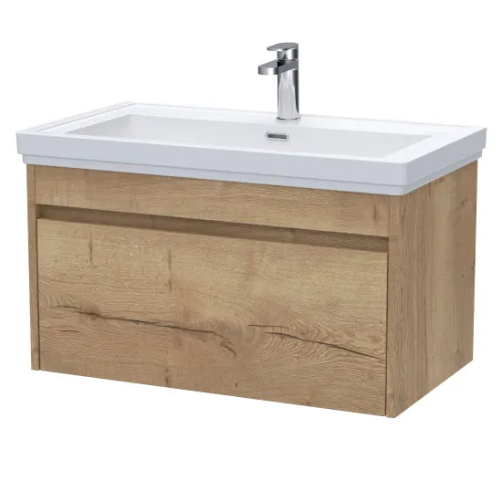 nuie lux Loftwood Autumn Oak 1 Drawer Wall Hung Vanity Unit With 1 Tap Hole Fireclay Basin