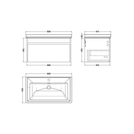 nuie lux Loftwood Autumn Oak 1 Drawer Wall Hung Vanity Unit With 1 Tap Hole Fireclay Basin