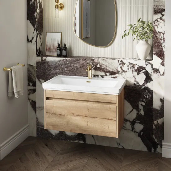 nuie lux Loftwood Autumn Oak 1 Drawer Wall Hung Vanity Unit With 1 Tap Hole Fireclay Basin