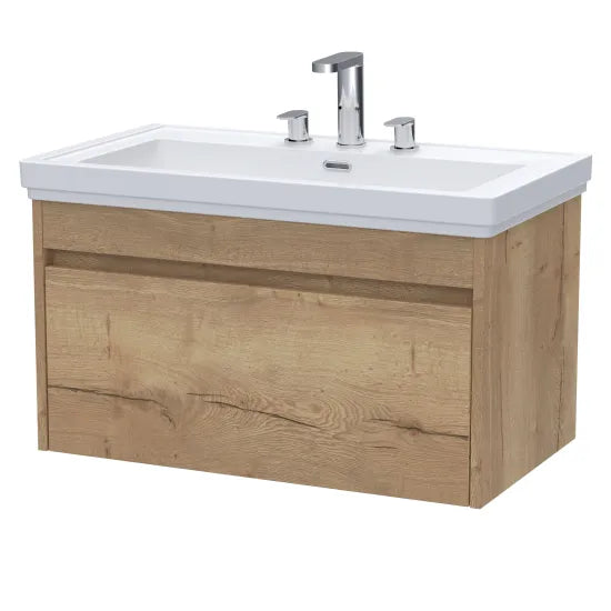 nuie lux Loftwood Autumn Oak 1 Drawer Wall Hung Vanity Unit With 3 Tap Holes Fireclay Basin