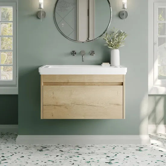 nuie lux Loftwood Autumn Oak 1 Drawer Wall Hung Vanity Unit With Fireclay Basin
