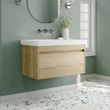 nuie lux Loftwood Autumn Oak 1 Drawer Wall Hung Vanity Unit With Fireclay Basin
