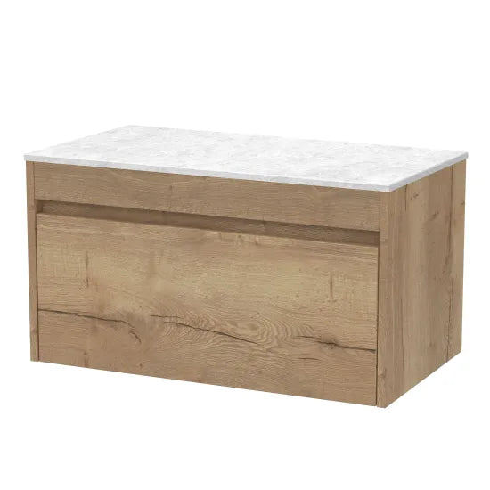 nuie lux Loftwood Autumn Oak 1 Drawer Wall Hung Vanity Unit With White Marble Worktop