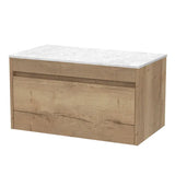 nuie lux Loftwood Autumn Oak 1 Drawer Wall Hung Vanity Unit With White Marble Worktop