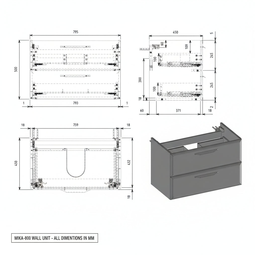 Mika 815mm Wall Hung 2 Drawer Basin Unit w/1TH Basin - Matt White