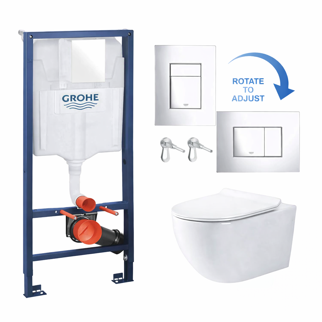 Grohe cistern frame and white wall hung rimless toilet
