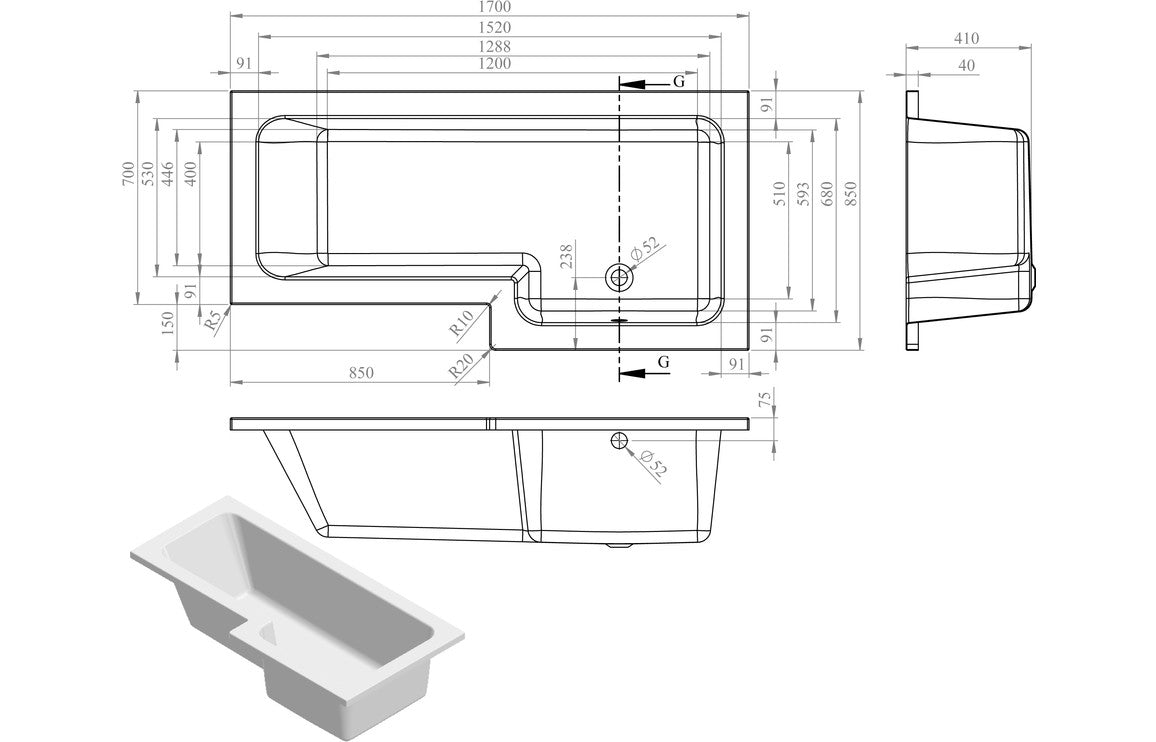 Navarre L Shape 1700x850x560mm 0TH Shower Bath Pack - Brushed Bronze