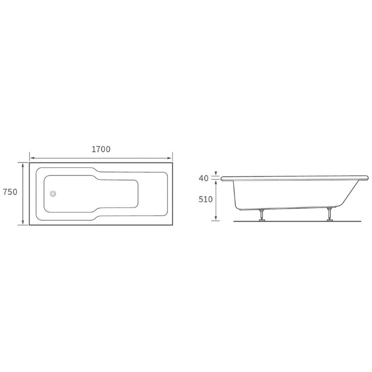 Ocala Straight 1700x750x550mm 0TH "C" Shower Bath w/Legs