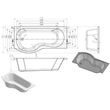 P-Shape 1700x700-850x410mm 0TH Shower Bath, Panel & Screen