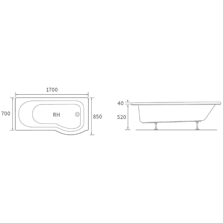 Ora P Shape SUPERCAST 1700x850x560mm 0TH Shower Bath Pack